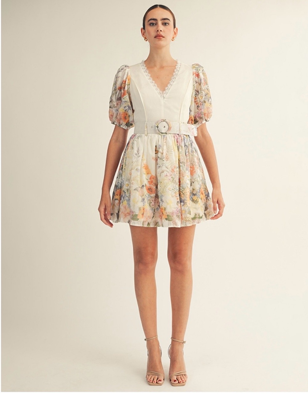 Arose Studio Ivory Floral V-Neck Puff-Sleeve Mini Dress with Buckle Belt